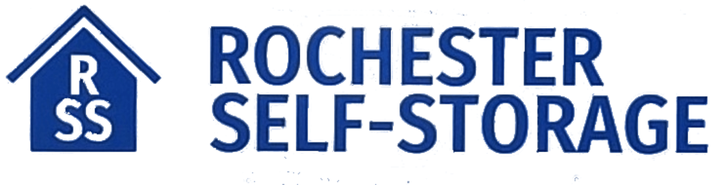 A blue and white logo for Rochester Self-Storage.